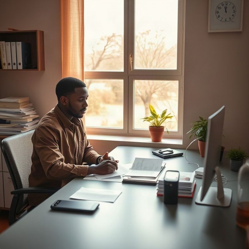 Family team member reviewing paperwork with a client at a slate-toned Nairobi office desk