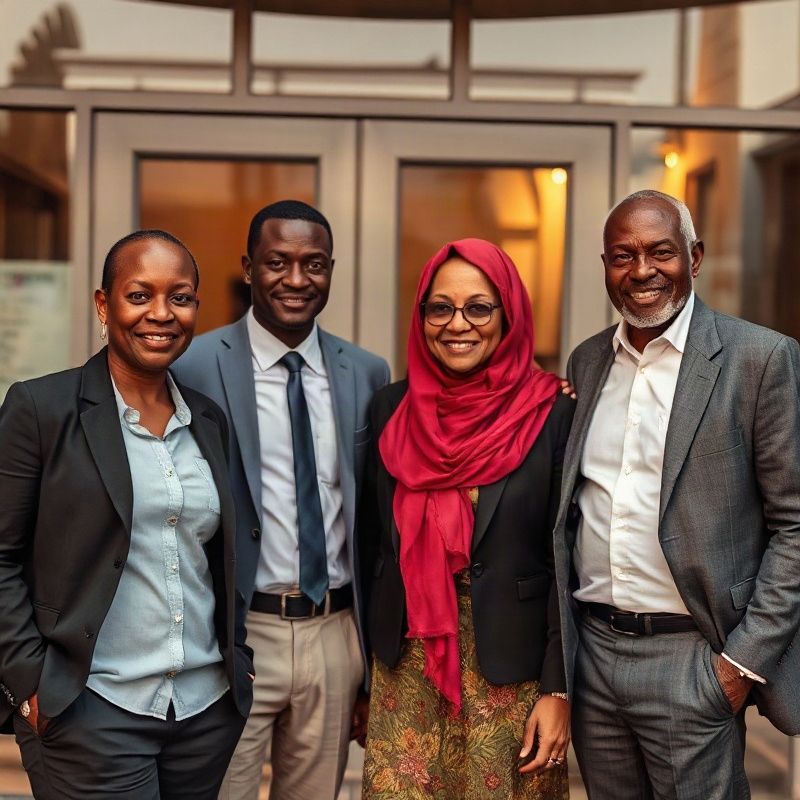 Three Mintfpixel family members standing together outside their Kimathi Street office in golden Nairobi light