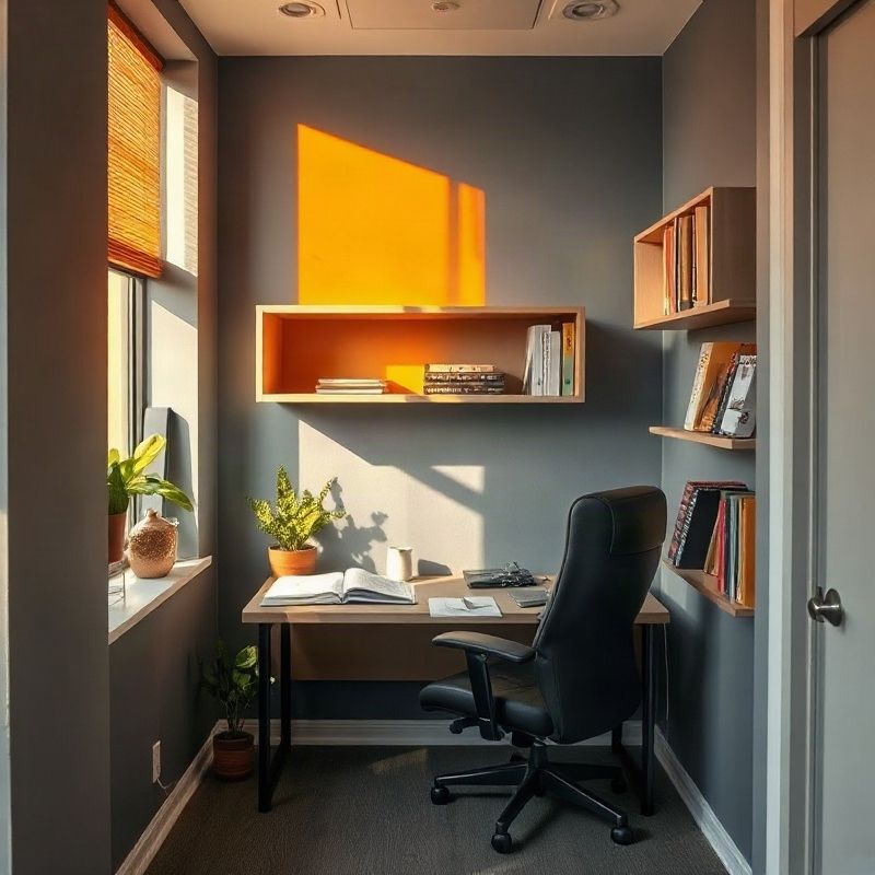 Interior of the Mintfpixel Nairobi office with slate-grey walls, warm ochre shelving, and an acacia plant